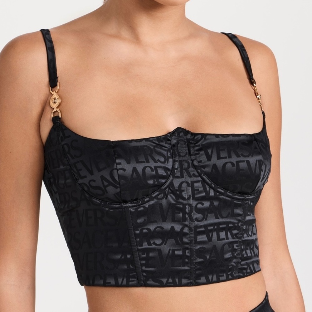 Versace Logomania satin bustier top in black
